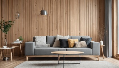 Window-side comfort in modern interior - sofa with pillows and blanket in room with wooden paneling wall, Scandinavian style living room design