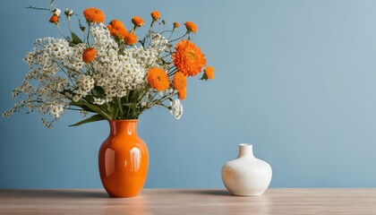 Blue wall backdrop - orange glass and white ceramic vase with bouquet of field flowers, Scandinavian style living room design, home interior with copy space