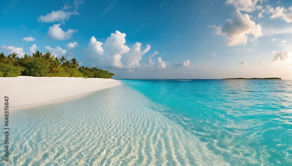 Wall mural Sandy beach on sunny day with white sand and rolling calm wave of turquoise ocean, white clouds in blue sky background