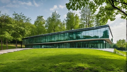 Fototapeta na wymiar Trees and green environment in eco-friendly glass office: Sustainable building