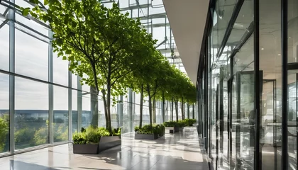 Schilderijen op glas Glass office with eco-friendly design, featuring trees and green environment for sustainable building © ibreakstock