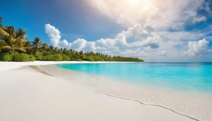 Sandy beach on sunny day with white sand and rolling calm wave of turquoise ocean, white clouds in blue sky background