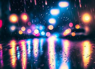 Fototapeta na wymiar Rain on the street at night with lights