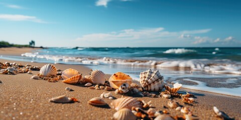 Fototapeta na wymiar illustration of seashell on sandy beach summer vibe, generative AI