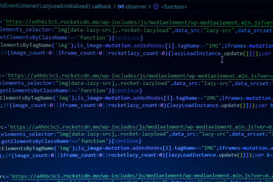 Software developer programming code. Abstract computer script code. Blue color.