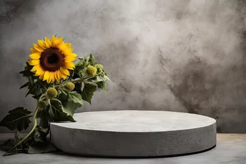 Fototapeten round grey podium close shot stone background studio with sunflower © VolumeThings
