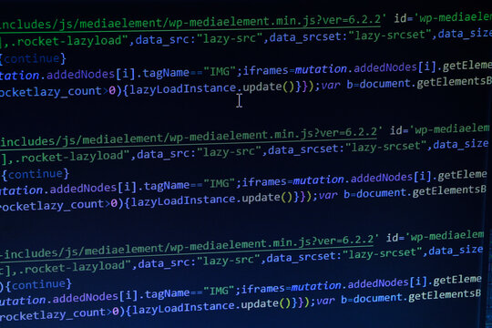 Simple website HTML code with colorful tags in browser view on dark background. Software developer programming code. Screen of code for overlay background.