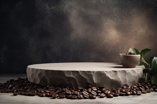round grey podium close shot stone background studio with coffee beans