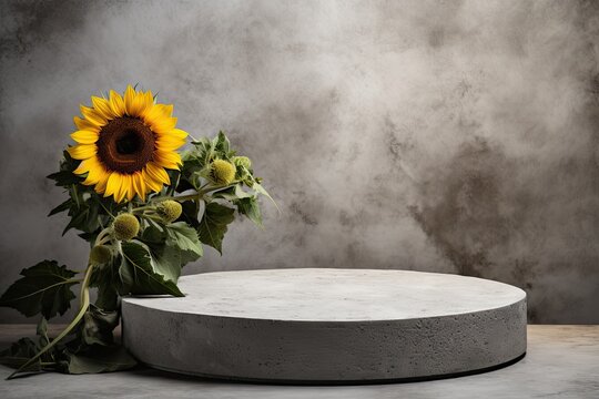 round grey podium close shot stone background studio with sunflower