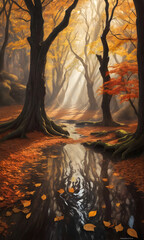 Autumn old tree line from and fallen leaves in puddles