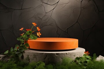 Fototapeta na wymiar round orange podium close shot stone background studio with clover