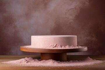 round pink podium close shot brown background studio with flour