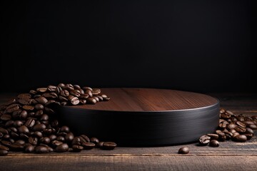 round black podium close shot black wood background studio with coffee beans