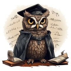 Philosophical Owl leads a discussion in cartoon style isolated on a white background