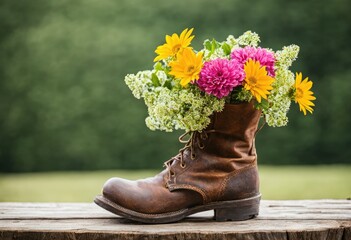 An arrangement of flowers in an old boot as a vase.
