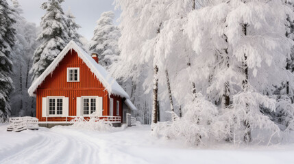 a beautiful red house in winter with lots of fresh snow - Powered by Adobe