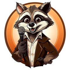 Cute Raccoon hosts a comedy club in cartoon style isolated on a white background
