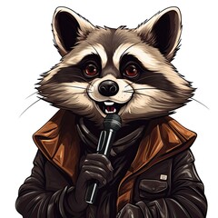 Cute Raccoon hosts a comedy club in cartoon style isolated on a white background
