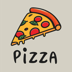 Vector illustration of Pizza slice logo with melted cheese and pepperoni. Cartoon sticker in comic style with contour. Decoration for greeting cards, posters, patches, prints for clothes, emblems
