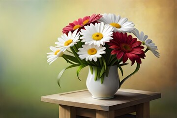Generate a picture of a daisy bouquet, arranged with elegance and simplicity, set against a canvas of vibrant natural colors