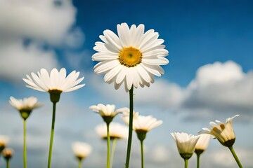 Create a captivating photograph of a daisy's pure white petals against a clear blue sky, conveying simplicity and natural elegance. 