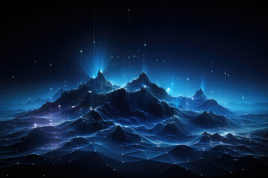 Abstract geometric background, virtual reality environment, cyber space landscape with mountains. Mesh surface glowing with neon light. 3D Topographic Map Background Concept. Geography Concept.