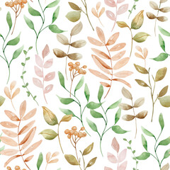 Autumn seamless pattern with pastel watercolor leaves