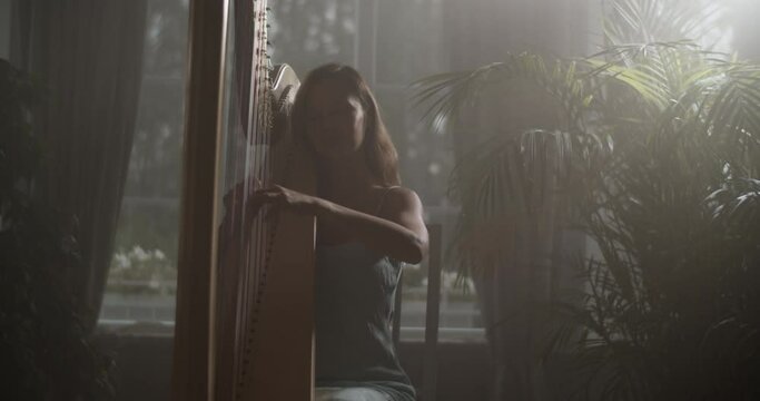 Graceful female harp player performing music in studio with obscure light