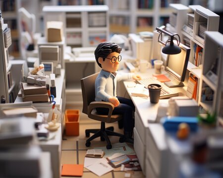Miniature office man working overtime at computer, tilt shift photography style