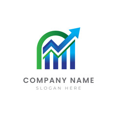 a blue and green arrow logo with a graph going up