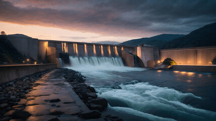 sunset over the river with dam