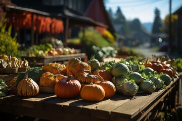 Pumpkin, gourd, marrow, gourds and other vegetables at the market in autumn. Thanksgiving food. - obrazy, fototapety, plakaty