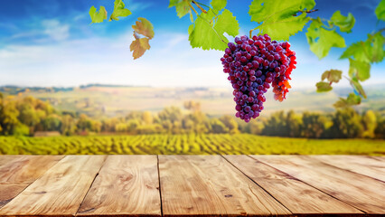 Wooden table with fresh red grapes and free space on nature blurred background vineyard field. Generative AI