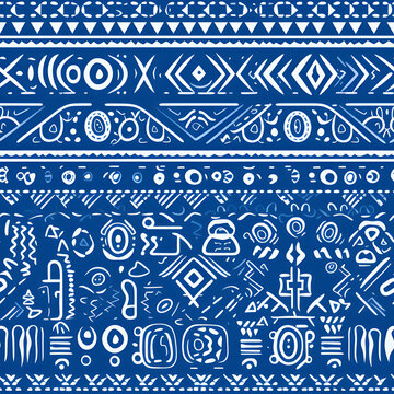 hand drawn trible ethnic,blue background,symmetry,vector graphic.