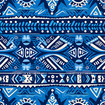 hand drawn trible ethnic,blue background,symmetry,vector graphic.