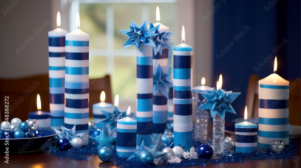 Wall mural Hanukkah festive celebration concept, glow of the menorah with shining candles and star