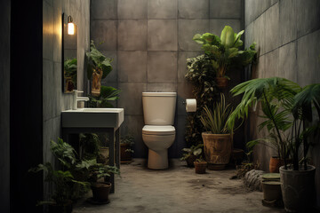 Fototapeta na wymiar Modern, luxury toilet bowl, closed seat with dual flush, basin, urinal, concrete and small plants.