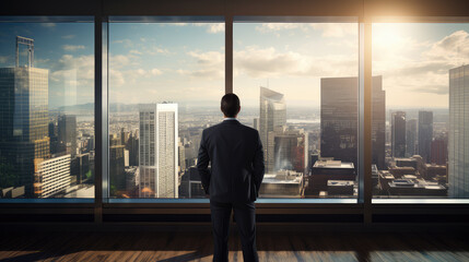 Back View of the Businessman wearing a Suit Standing in His Office, Hands in Pockets and Contemplating Next Big Business Deal, Looking out of the Window. Big City Business District View. - obrazy, fototapety, plakaty
