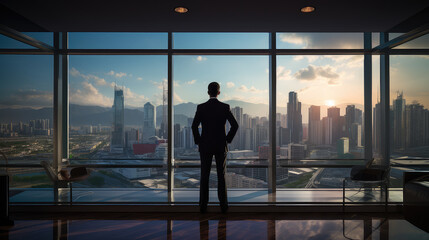 Fototapeta na wymiar Full length back view of successful businessman in suit standing in office with hands on his waist, CEO looking through window at big city buildings, Planning new project.