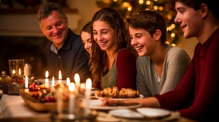 Obraz na płótnie Canvas Happy extended Jewish family celebrating Hanukkah while gathering at dining table, candlelight that shines brightly