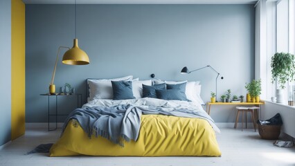 Scandinavian interior design of modern bedroom with bright tone wall.