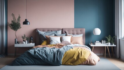 Fototapeta na wymiar Scandinavian interior design of modern bedroom with bright tone wall.