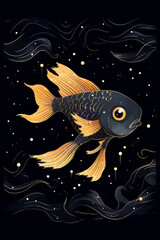 A black and gold goldfish swims among the night dark sea of stars