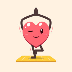 Cartoon heart character doing yoga on exercise mat for design.