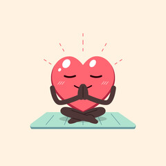 Cartoon heart character doing yoga pose on exercise mat for design.