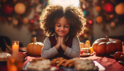 Happy child celebrating thanksgiving eve - obrazy, fototapety, plakaty