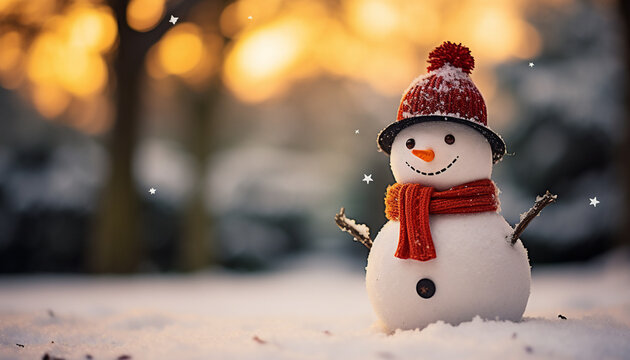 Cute little christmas snowman with a scarf on the outsite
