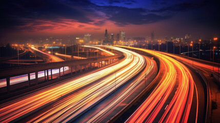 Fototapeta na wymiar A long exposure photo, motion blur of a highway at night. Generetive Ai