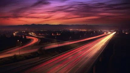 Fotobehang Snelweg bij nacht A long exposure photo, motion blur of a highway at night. Generetive Ai