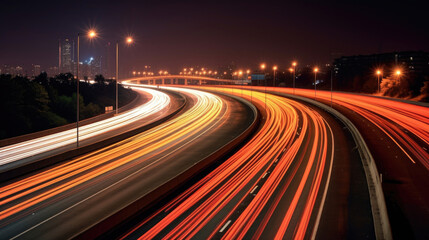 A long exposure photo, motion blur of a highway at night. Generetive Ai